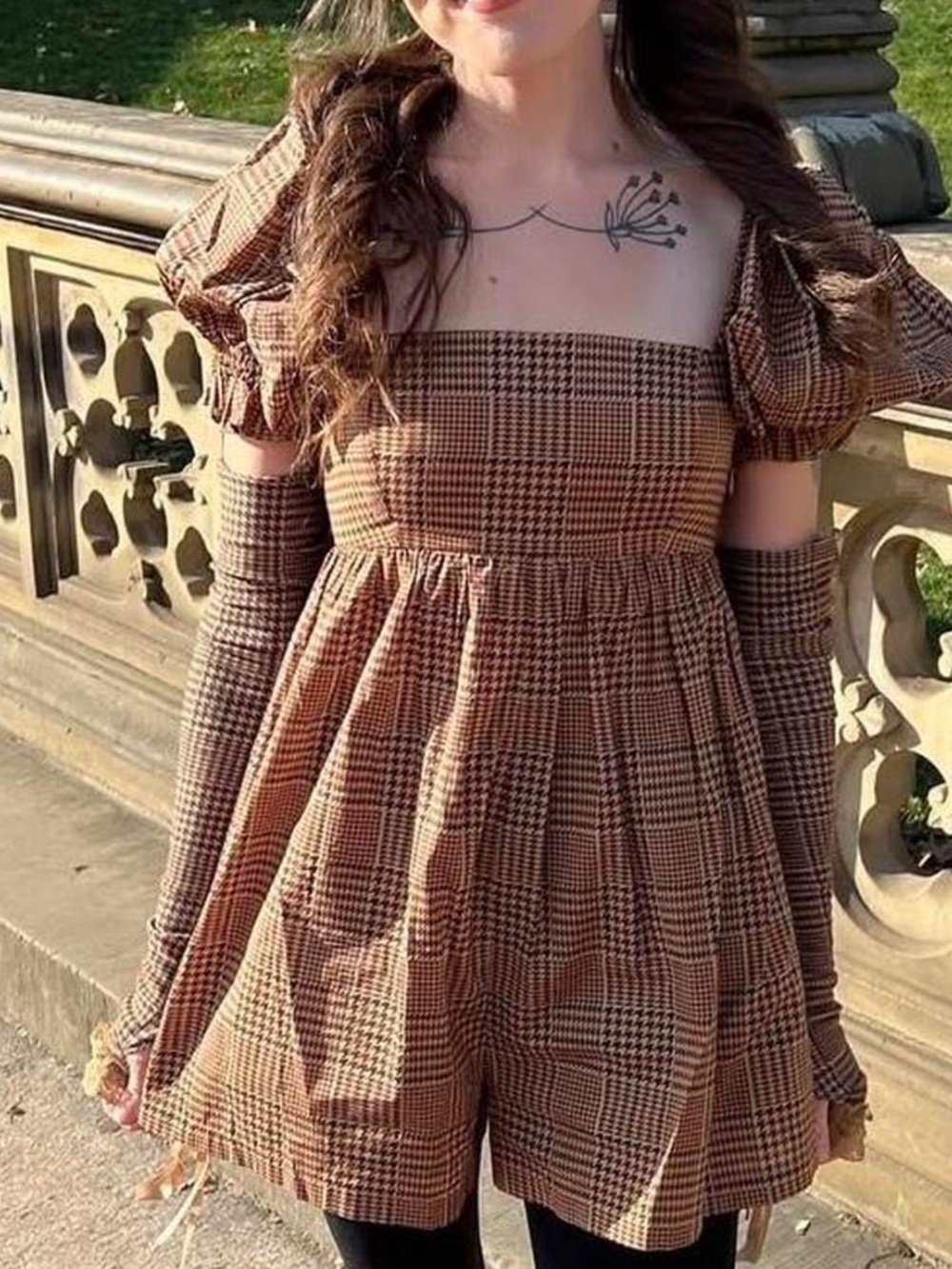 Selkie Brown Plaid Square-Neck Romper